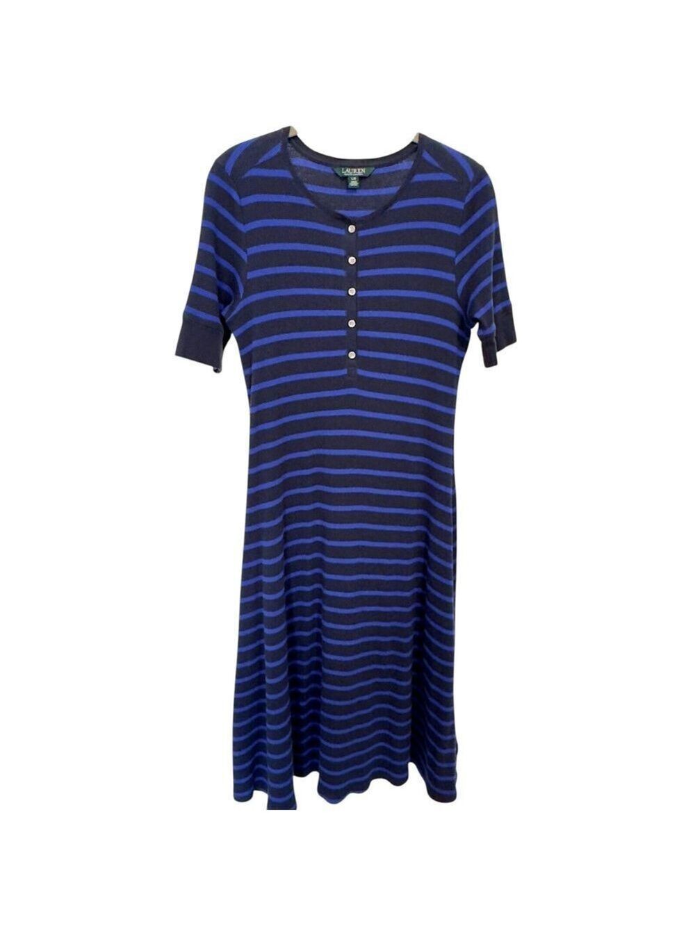 Lauren Ralph Lauren Sz L Short Sleeve Waffle Knit Henley Midi Dress Blue Stripe